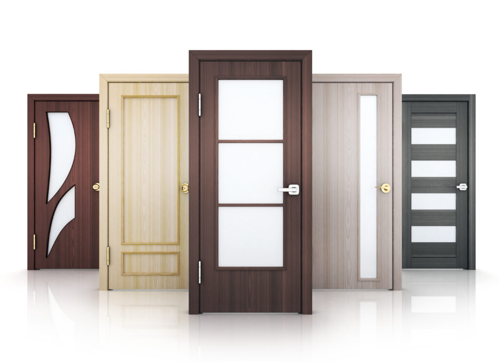 Five doors row on white background. 3d illustration.