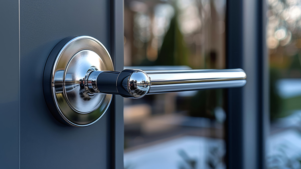 A silver door handle on a black door in El Paso.