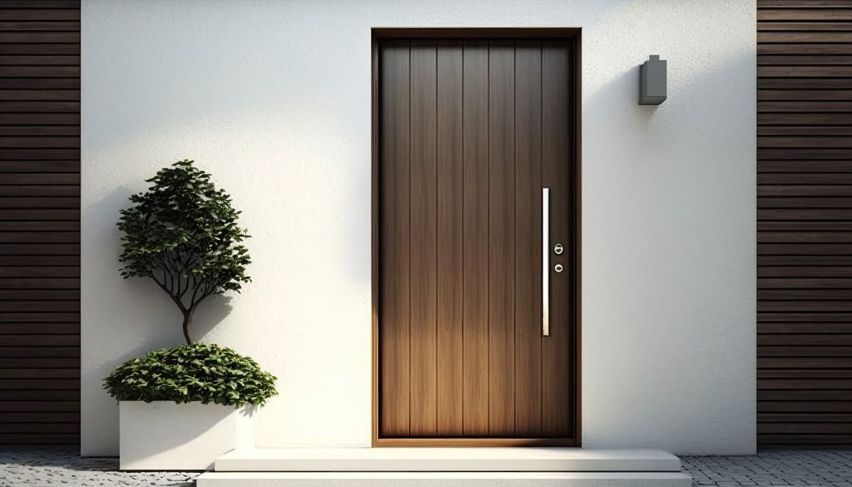 A brown wood entry door at a white El Paso home with a small tree next to it.