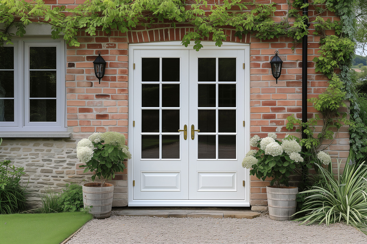 White patio doors with windows on a brick house in El Paso.